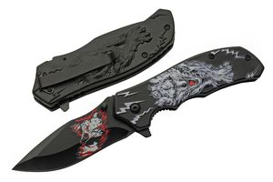 Folding Knife 3.5In Blade Black Gray Wolf Hunter EDC Pocket Clip Tactical