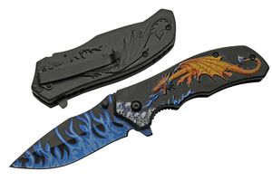 Folding Knife | 3.5in Blade Black Orange Dragon Blue Flame EDC Pocket Clip