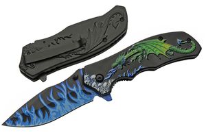 Folding Knife Black Green Dragon Stainless Steel Drop Point Blade Tactical EDC