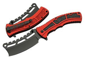 Folding Knife | Black Red Stainless Steel Cleaver Blade Aluminum Handle
