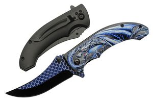 Folding Knife | Blue Gray Dragon Stainless Steel Clip Point Blade Tactical EDC