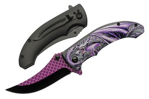 Folding Knife | Gray Purple Dragon Stainless Steel Clip Point Blade Tactical EDC