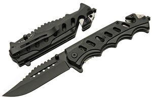 Folding Knife Black Stainless Steel Drop Point Blade Rescue Tactical EDC