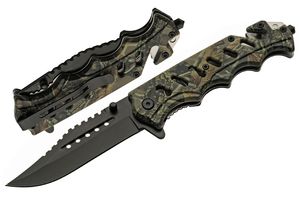 Folding Knife Camo Green Stainless Steel Drop Point Blade Rescue Tactical EDC