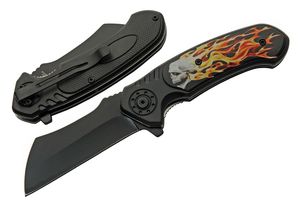 Folding Knife Skull Fire Black Stainless Steel Sheepsfoot Blade Tactical EDC