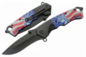 Folding Knife USA Flag Lady Liberty Stainless Steel Drop Point Blade EDC