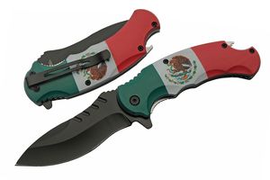Folding Knife | Mexican Flag | Black Stainless Steel Blade Bottle Opener EDC