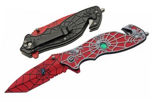 Folding Knife Red Silver Spider Web Stainless Steel Tanto Blade Tactical EDC