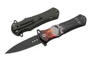 Folding Knife Skull Flames Stainless Steel Spear Point Black Blade Tactical EDC