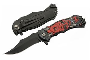 Folding Knife Black Red Japanese Demon Oni Tengu Stainless Steel Blade EDC
