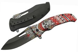 Folding Knife | Red White Native Chief Skull Stainless Steel Blade Tactical EDC
