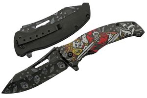 Folding Knife Black Red Dice Poker Card King Stainless Steel Drop Point Blade