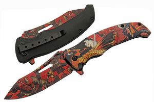 Folding Knife | Black Red Koi Warrior Samurai Stainless Steel Drop Point Blade