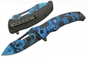 Folding Knife | Black Blue Skull Stainless Steel Drop Point Blade Tactical EDC