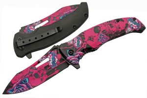 Folding Knife | Black Pink Skull Stainless Steel Drop Point Blade Tactical EDC