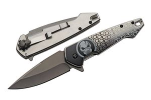 Folding Knife | Gray Stainless Steel Drop Point Blade Metal Handle