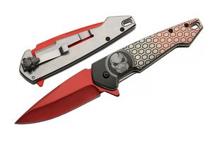 Folding Knife Gray Red Stainless Steel Drop Point Blade Metal Handle