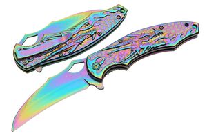Folding Knife | Rainbow Stainless Steel Hawkbill Blade Metal Handle