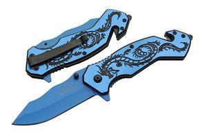 Spring-Assist Folding Knife Rite Edge Blue/Black Dragon Steel Blade Rescue EDC