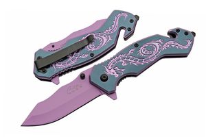 Spring-Assist Folding Knife Rite Edge Gray/Pink Dragon Steel Blade Rescue EDC