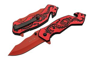 Spring-Assist Folding Knife Rite Edge Red/Black Dragon Steel Blade Rescue EDC
