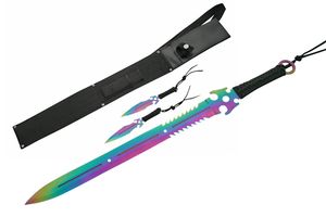 Sword Set 27in. Rainbow Ninja Double Edge Fantasy Blade + 2 Throwing Knives
