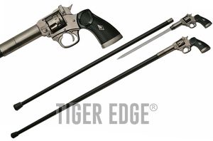 Sword Cane 38in. Gray Black Revolver Gun Pistol Walking Stick + Hidden Blade
