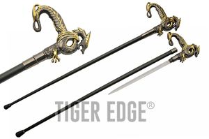 Cane Sword 36in. Overall Hidden Blade Gold Silver Dragon Walking Stick