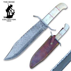 Bowie Knife Bone Collector Bone Handle Damascus Steel Blade Full Tang + Sheath