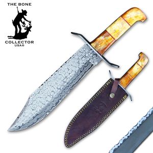 Bowie Knife | Bone Collector Damascus Steel Blade Full Tang Bone Handle + Sheath