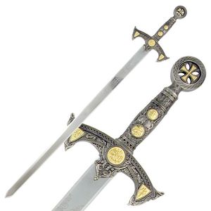 40in. Silver & Gold Medieval Long Sword Cast Metal Design With Wooden Plaque