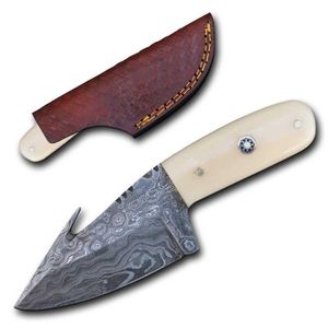 Damascus Steel Hunting Knife | White Bone Gut Hook Skinner 3