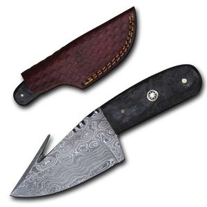 Damascus Steel Hunting Knife | Black Ram Horn Gut Hook Skinner 3