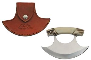 Hunting Knife Alaskan Ulu Stainless Steel Blade Bone Stag Handle Leather Sheath