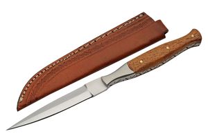 Dagger Slim Double Edge Stiletto Blade Wood Handle Full Tang + Leather Sheath