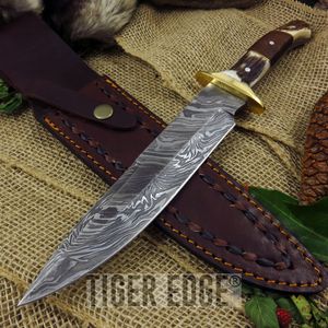 13in. Damascus Steel, Stag Handle Plainsman Bowie Knife w/ Leather Sheath