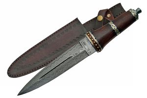 Fixed-Blade Dagger 14in. Damascus Steel Dirk Knife Rosewood Handle + Sheath