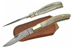 Genuine Damascus Steel & Stag Antler Handle Classic Trapper Folding Knife