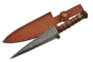 Damascus Steel Dagger 12in. Medieval Dirk Rosewood Handle + Leather Sheath