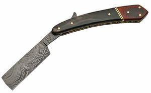 Straight Razor Damascus Steel Blade Buffalo Horn + Wood Barber Shaving Knife
