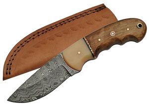 Fixed-Blade Hunting Knife 8in. Damascus Steel Blade Bone Walnut Handle Skinner