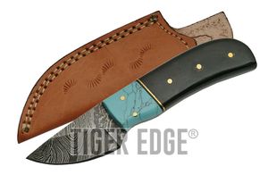 Fixed-Blade Hunting Knife 2in. Damascus Steel Blade Horn & Turquoise Handle