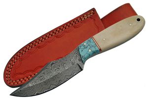 Fixed-Blade Hunting Knife 8.5in. Damascus Steel Blade Bone Turquoise + Sheath