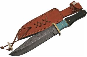 Damascus Steel Blade Bowie Knife 12.5in. Overall Black Horn + Turquoise Handle