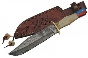 Fixed Blade Hunting Knife 12.25in. Overall Damascus Bowie Red White Blue Dm-1150