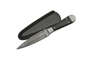 Damascus Steel Dagger 6.5in Overall Double Edge Blade Black Horn Handle + Sheath