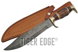 Bowie Knife 16.25in. Overall Damascus Steel Blade Stag Handle + Leather Sheath