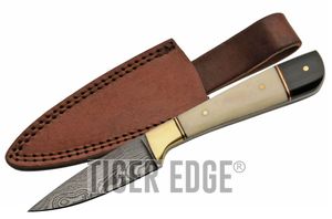 Damascus Steel Skinning Knife 7in Overall Stag Black Horn Handle + Leather Sheath