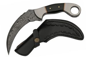 Karambit Tactical Knife Damascus Steel Blade Black Buffalo Horn Handle + Sheath