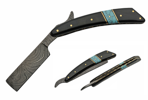 Straight Razor 6.25in. Overall Horn/Turquoise Handle Damascus Steel Razor Blade